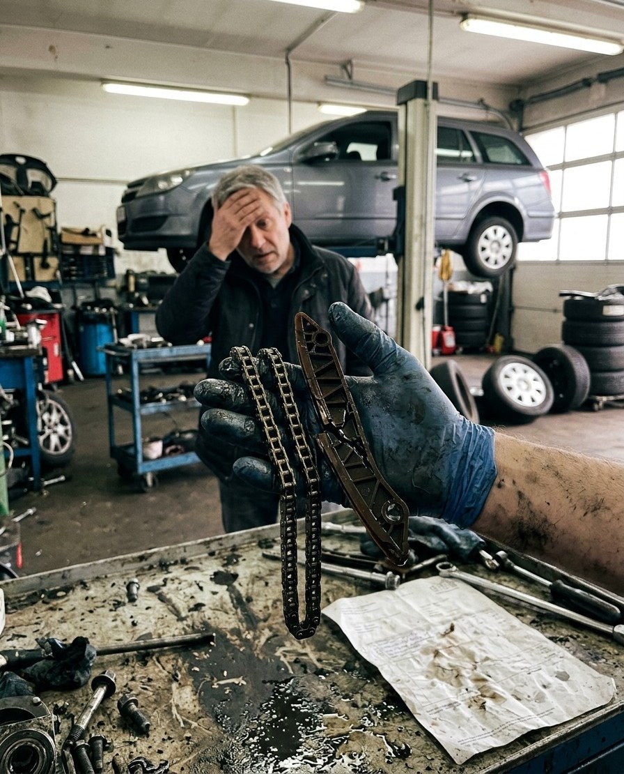 Werkstatt: Mechaniker zeigt einem Kunden eine gelängte Steuerkette