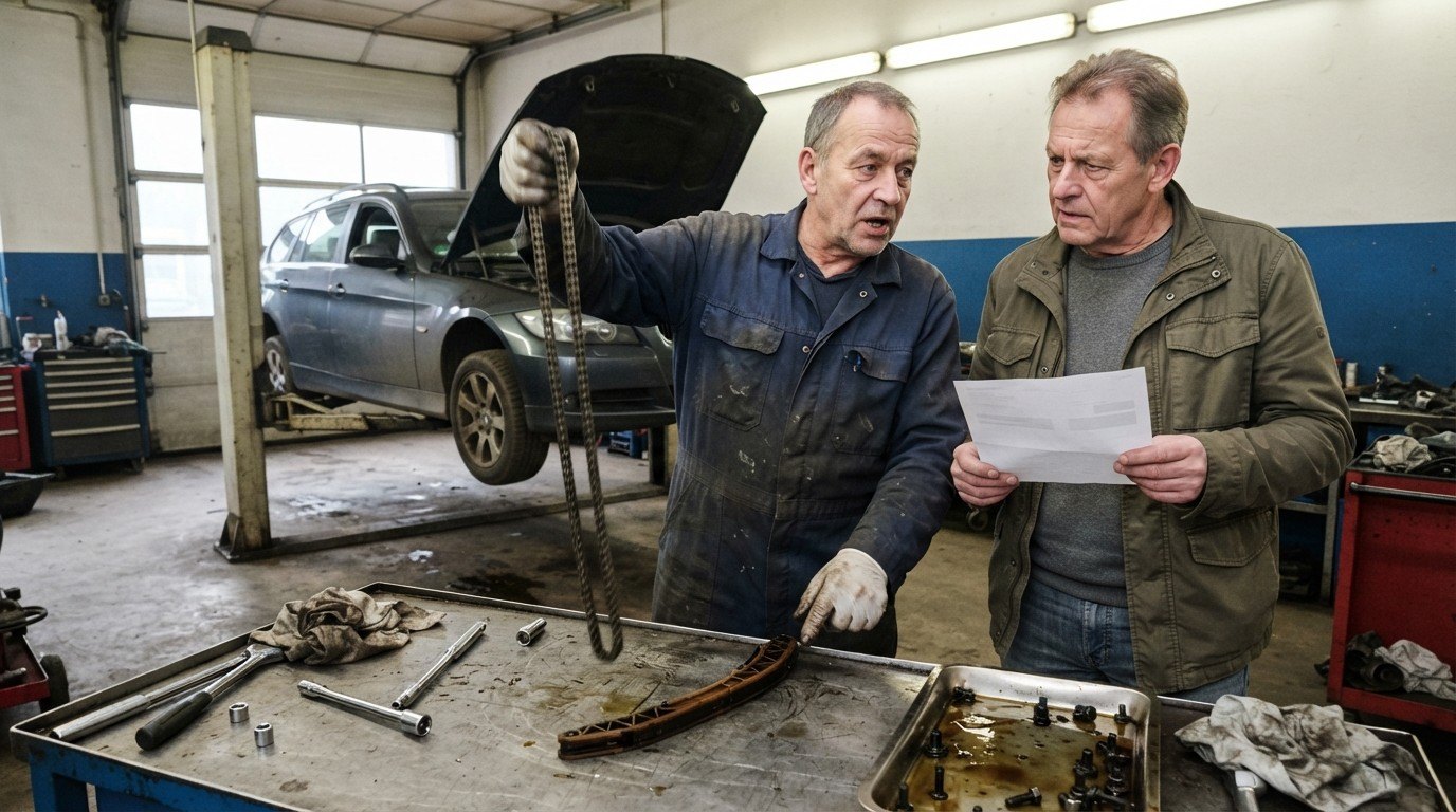 Werkstatt: Kunde mit hoher Reparaturrechnung vor Oberklasse-Limousine mit geöffnetem Motor