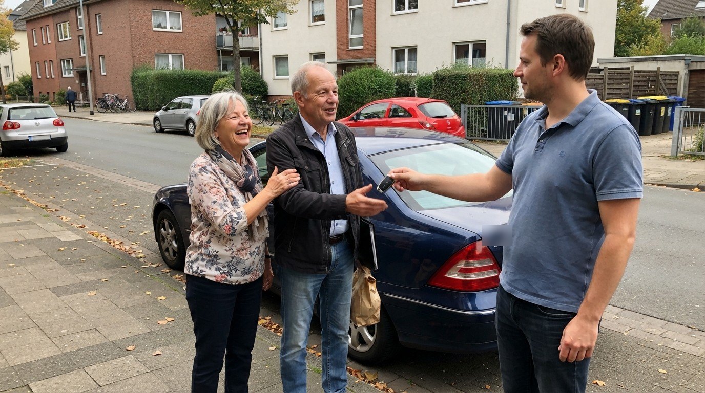 Zufriedener Käufer bekommt den Autoschlüssel überreicht